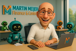 Martin Meijer afgebeeld als een pixar-personage met AI-robots om hem heen.